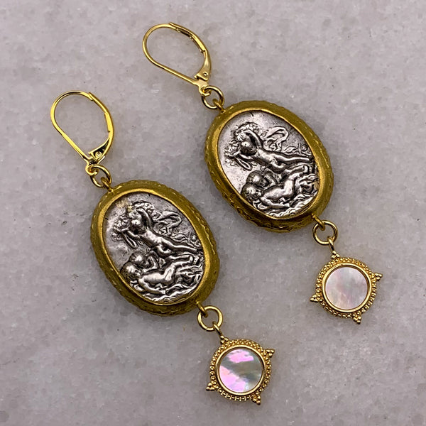 Cherub Earrings | Vintage Style | Antique Silver and Gold | Mother of Pearl | Handmade in Australia