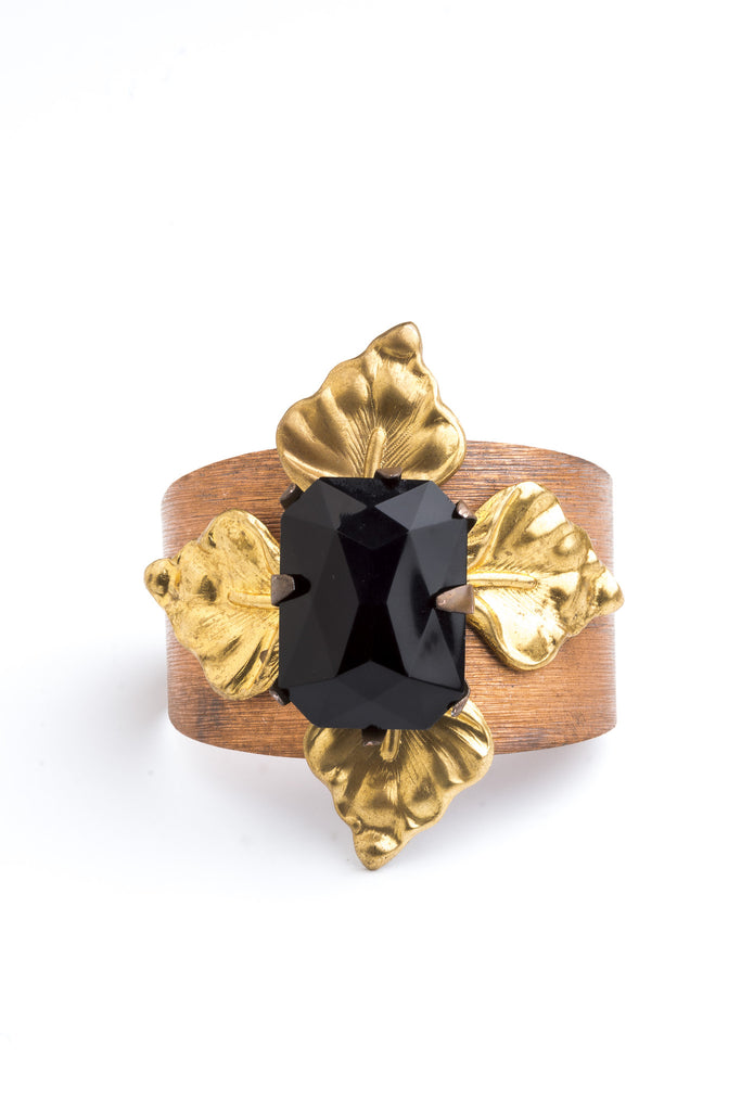 Black Lily Cuff of Vintage Bohemian Jet Jewel and Vintage Lilly