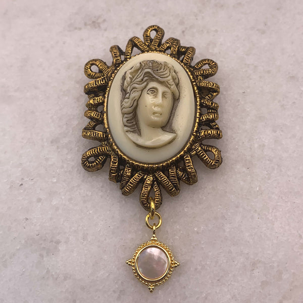 Vintage Carved Cameo | Gold Mother of Pearl Drop | Vintage French Jewellery | Handmade in Australia 