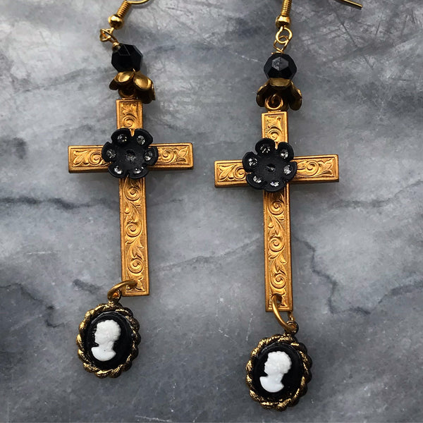 Dolce Cross Earrings | Byzantine Cross | Vintage French Jet | Gold Filled