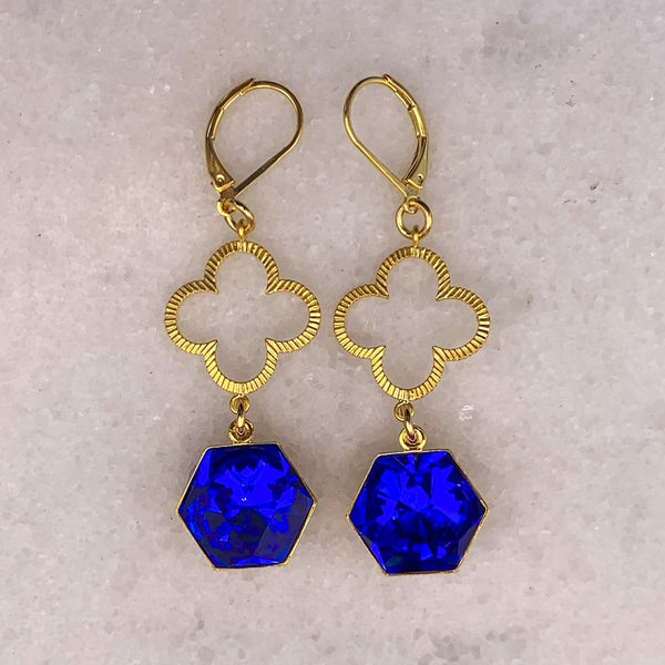 Sapphire Cut Crystal | Gold Earrings | Quatrefoil | Handmade in Australia