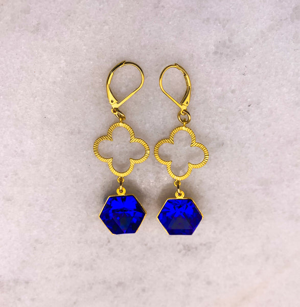 Sapphire Cut Crystal | Gold Earrings | Quatrefoil | Handmade in Australia