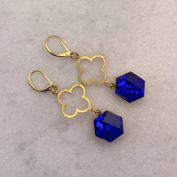 Sapphire Cut Crystal | Gold Earrings | Quatrefoil | Handmade in Australia