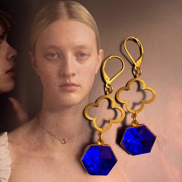 Sapphire Cut Crystal | Gold Earrings | Quatrefoil | Handmade in Australia