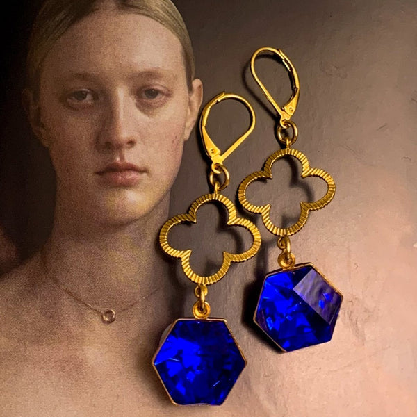 Sapphire Cut Crystal | Gold Earrings | Quatrefoil | Handmade in Australia