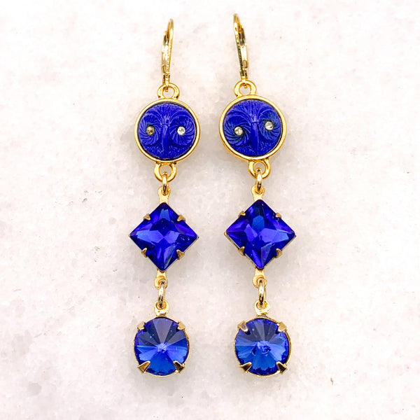 Sapphire Cut Crystal | Gold Earrings | Blue Owl | Handmade in Australia