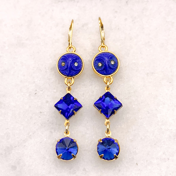 Sapphire Cut Crystal | Gold Earrings | Blue Owl | Handmade in Australia