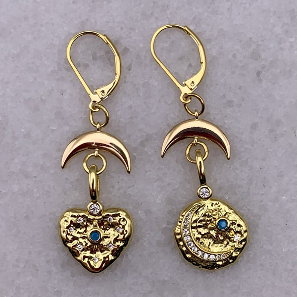Heart and Moon Earrings | Handmade in Australia | Turquoise and Gold | Gold Jewellery