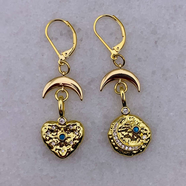 Heart and Moon Earrings | Handmade in Australia | Turquoise and Gold | Gold Jewellery