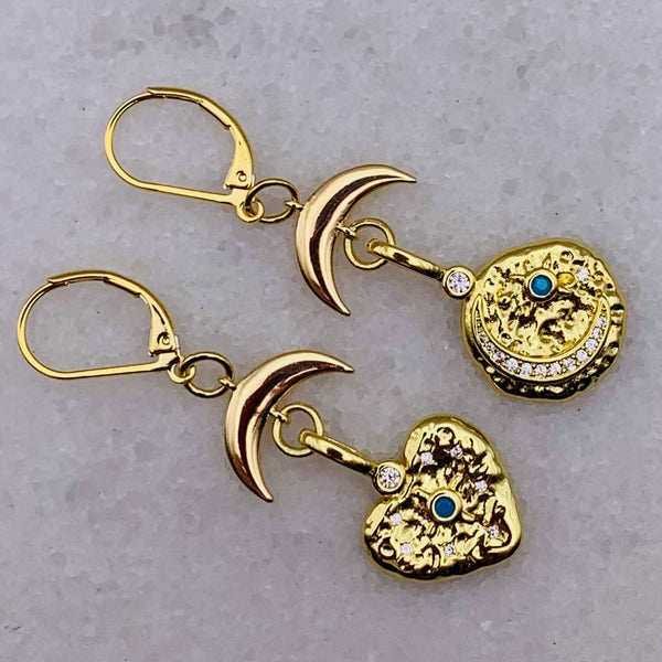 Heart and Moon Earrings | Handmade in Australia | Turquoise and Gold | Gold Jewellery