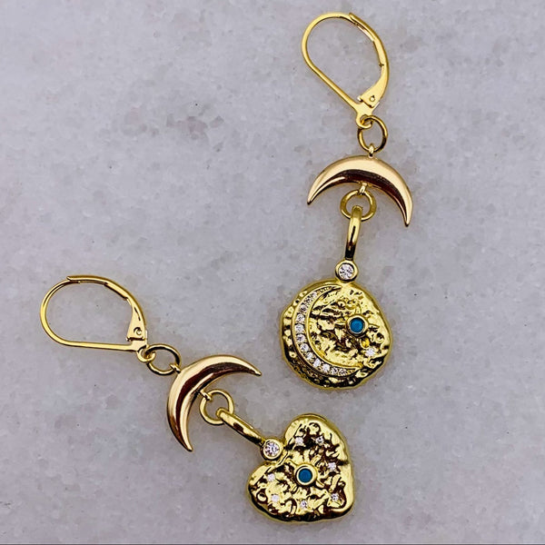 Heart and Moon Earrings | Handmade in Australia | Turquoise and Gold | Gold Jewellery