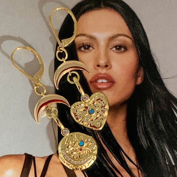 Heart and Moon Earrings | Handmade in Australia | Turquoise and Gold | Gold Jewellery