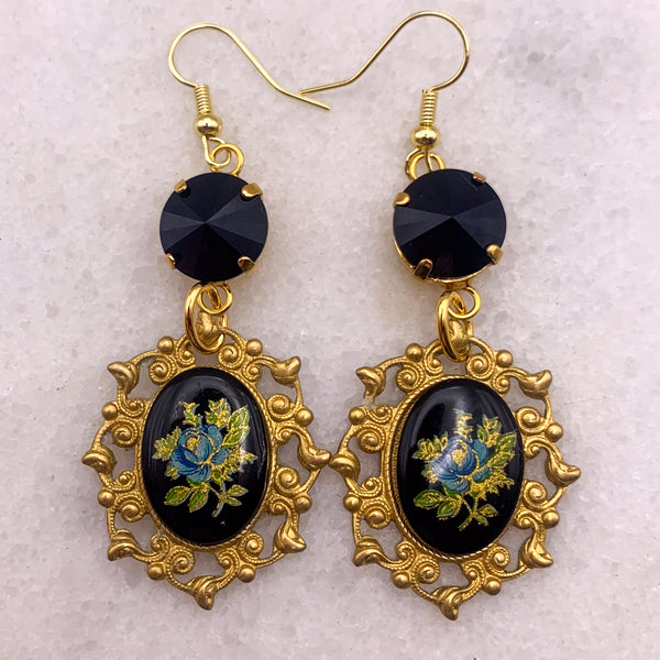 French Jet Crystal | Porcelain Floral Cameo | Handmade in Australia