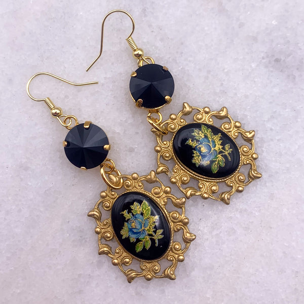 French Jet Crystal | Porcelain Floral Cameo | Handmade in Australia