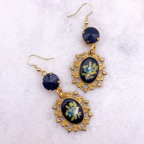 French Jet Crystal | Porcelain Floral Cameo | Handmade in Australia