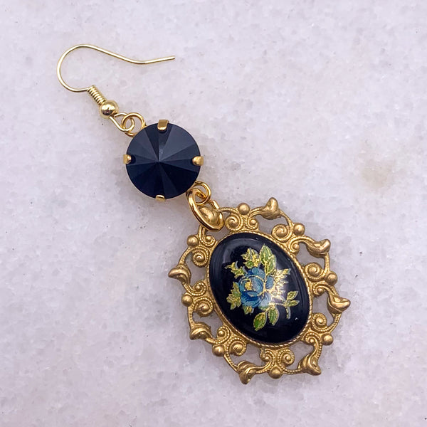 French Jet Crystal | Porcelain Floral Cameo | Handmade in Australia