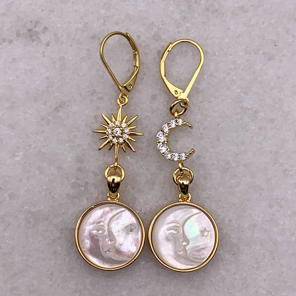 Moon and Star Earrings | Carved Moon Face | Handmade in Australia | Gold Filled