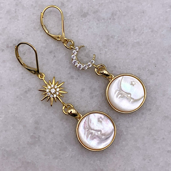 Moon and Star Earrings | Carved Moon Face | Handmade in Australia | Gold Filled