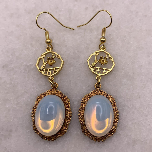 Chinese Flower Charm | Gold Earrings | Vintage Moonstone | Handmade in Australia