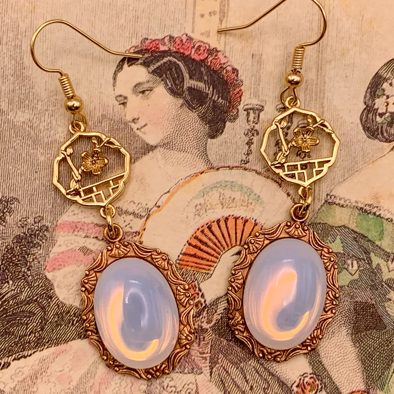 Chinese Flower Charm | Gold Earrings | Vintage Moonstone | Handmade in Australia