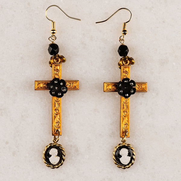 Dolce Cross Earrings | Byzantine Cross | Vintage French Jet | Gold Filled
