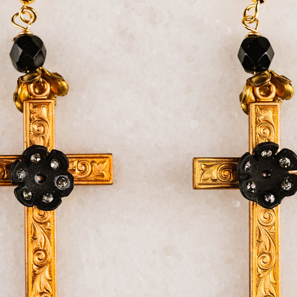 Dolce Cross Earrings | Byzantine Cross | Vintage French Jet | Gold Filled