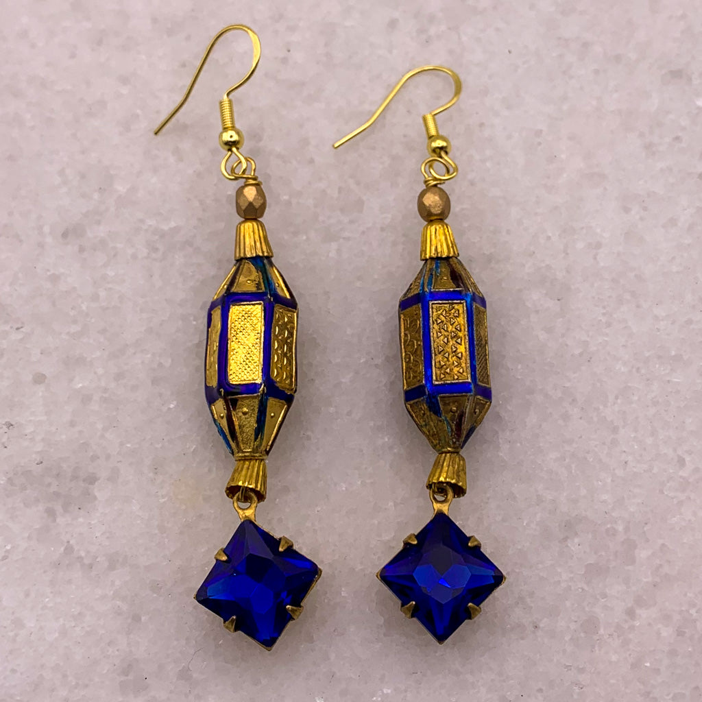 Vintage Egyptian Hand Carved Bead with Sapphire Crystal 18 Carat Gold Filled Ear Post