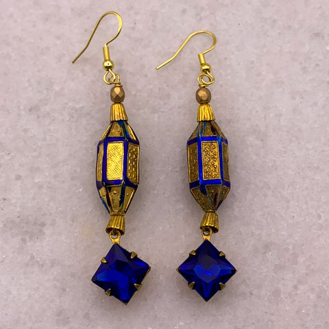 Vintage Egyptian Hand Carved Bead with Sapphire Crystal 18 Carat Gold Filled Ear Post