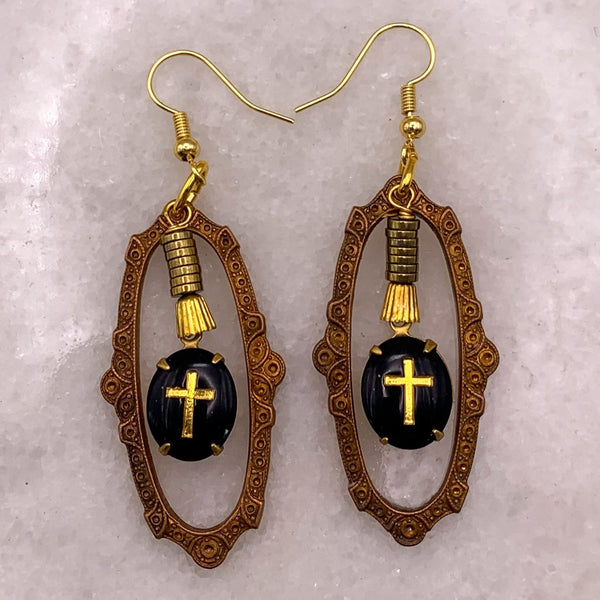 French Jet | Gold Cross | Vintage West German | Handmade in Australia