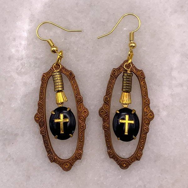 French Jet | Gold Cross | Vintage West German | Handmade in Australia