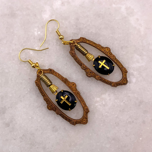 French Jet | Gold Cross | Vintage West German | Handmade in Australia