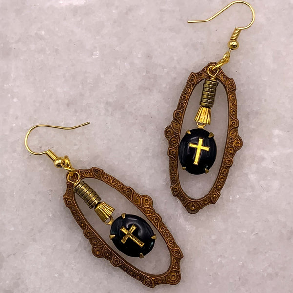 French Jet | Gold Cross | Vintage West German | Handmade in Australia