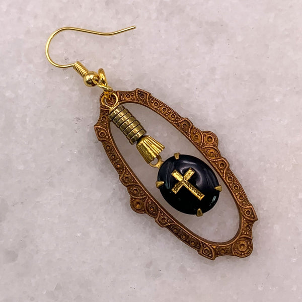 French Jet | Gold Cross | Vintage West German | Handmade in Australia