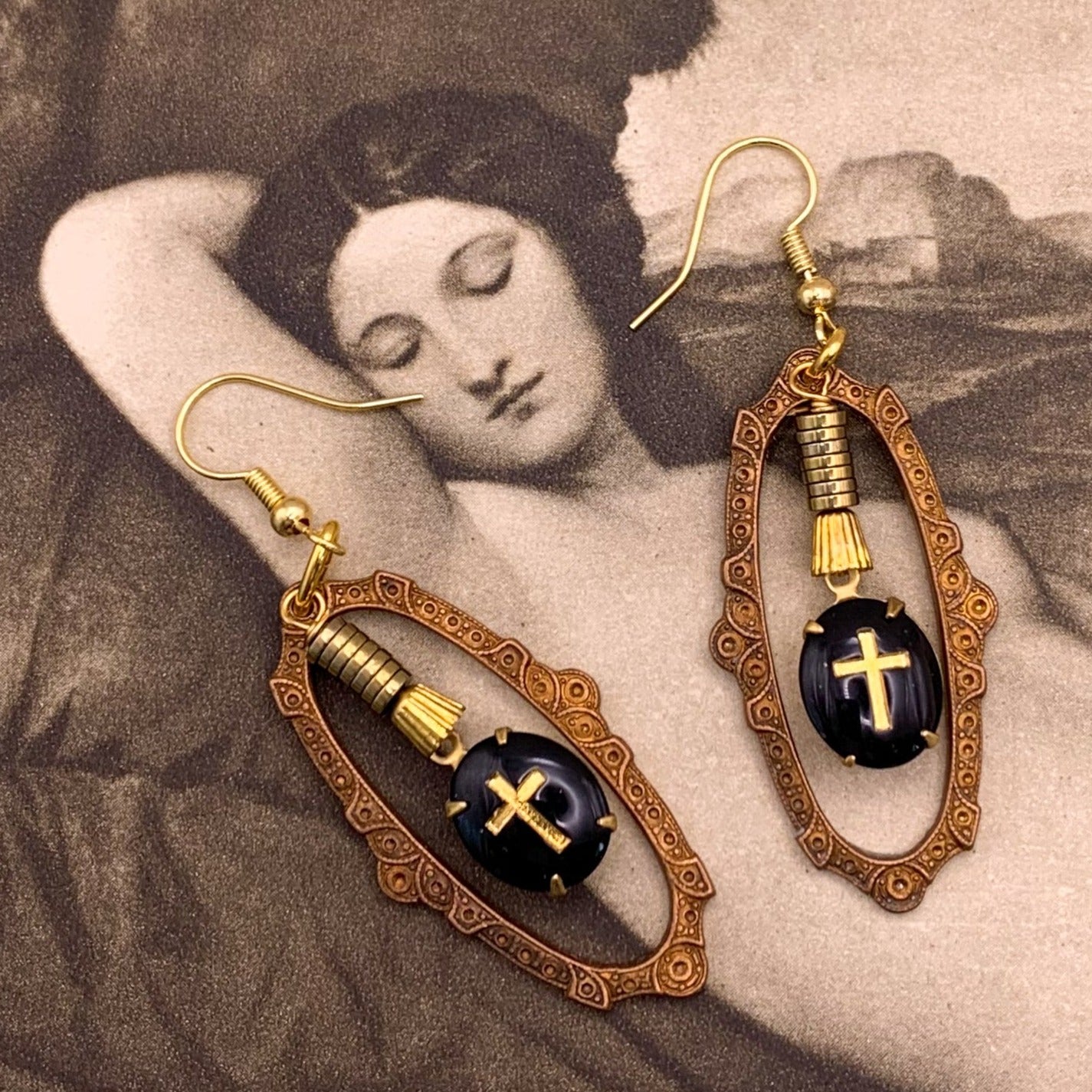 French Jet | Gold Cross | Vintage West German | Handmade in Australia