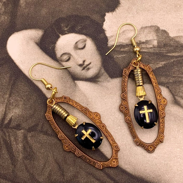 French Jet | Gold Cross | Vintage West German | Handmade in Australia