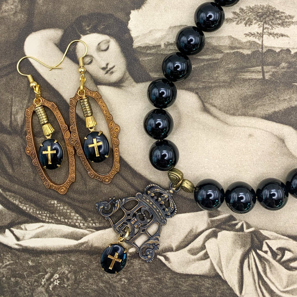 French Jet | Gold Cross | Vintage West German | Handmade in Australia