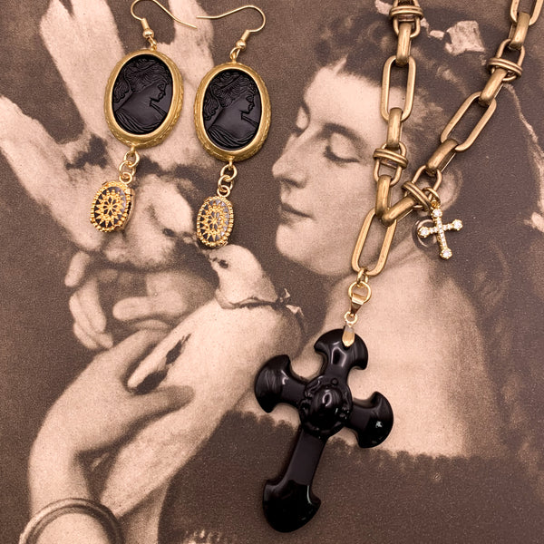 French Jet Cameo Earrings | Vintage Jewellery | Handmade in Australia | Noir