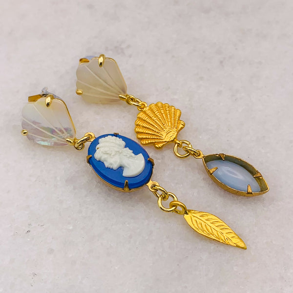 Mother of Pearl Shell | Blue Vintage Cameo |Contemporary Style | Gold Shells | Handmade in Australia 