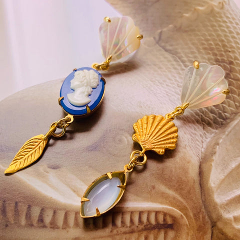 Mother of Pearl Shell | Blue Vintage Cameo |Contemporary Style | Gold Shells | Handmade in Australia 