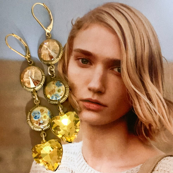 Hand Painted Cameos | Long Drop Earrings | Topaz | Handmade in Australia
