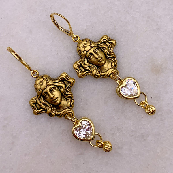 Gold Vintage Cameo Earrings | Handmade in Australia | Crystal Heart 