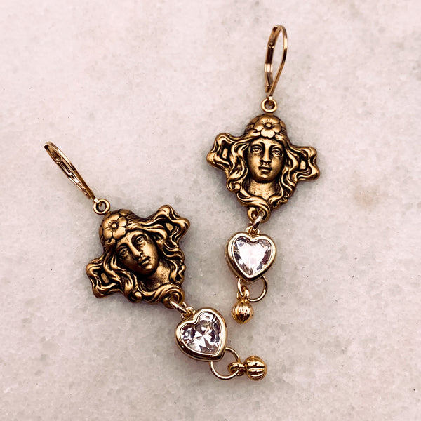 Gold Vintage Cameo Earrings | Handmade in Australia | Crystal Heart 