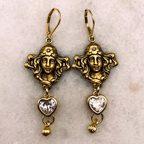 Gold Vintage Cameo Earrings | Handmade in Australia | Crystal Heart 