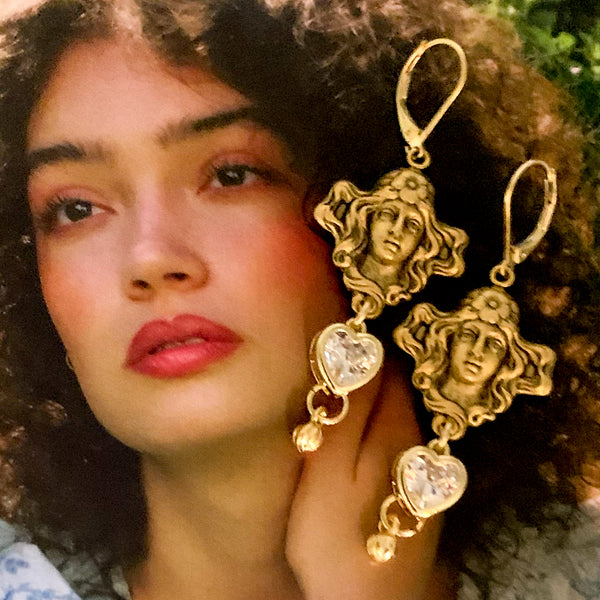 Gold Vintage Cameo Earrings | Handmade in Australia | Crystal Heart 