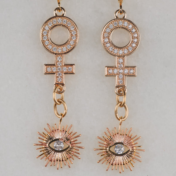 Gold Vintage Earrings | Handmade in Australia | Gold Sun Eye | Venus Symbol | Womans Symbol
