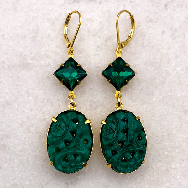 Emerald Earrings | Vintage Carved Flowers | Gold Filled | Handmade in Australia