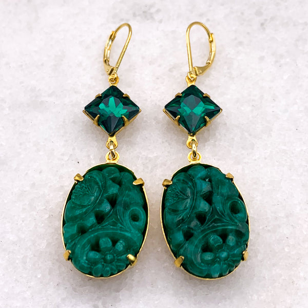 Emerald Earrings | Vintage Carved Flowers | Gold Filled | Handmade in Australia