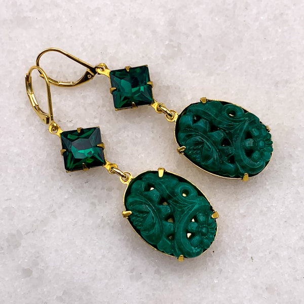 Emerald Earrings | Vintage Carved Flowers | Gold Filled | Handmade in Australia