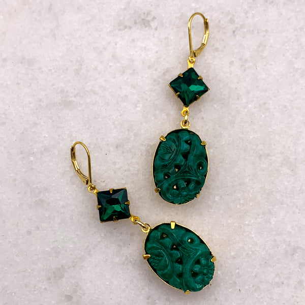 Emerald Earrings | Vintage Carved Flowers | Gold Filled | Handmade in Australia