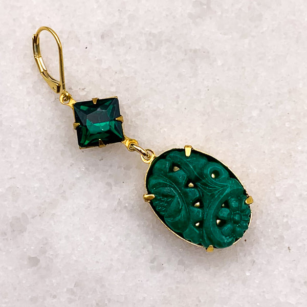 Emerald Earrings | Vintage Carved Flowers | Gold Filled | Handmade in Australia